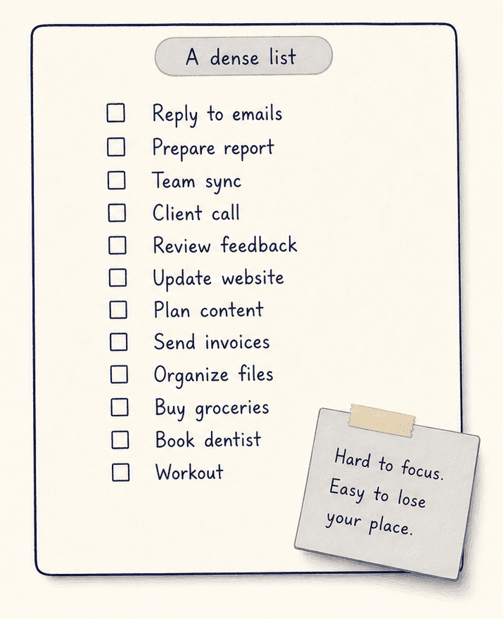 A dense checklist with many competing tasks and a note explaining that it is hard to focus