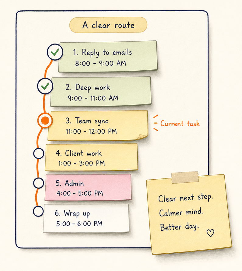 A clear route with labeled sticky-note tasks, times, a current task, and a next-step reminder