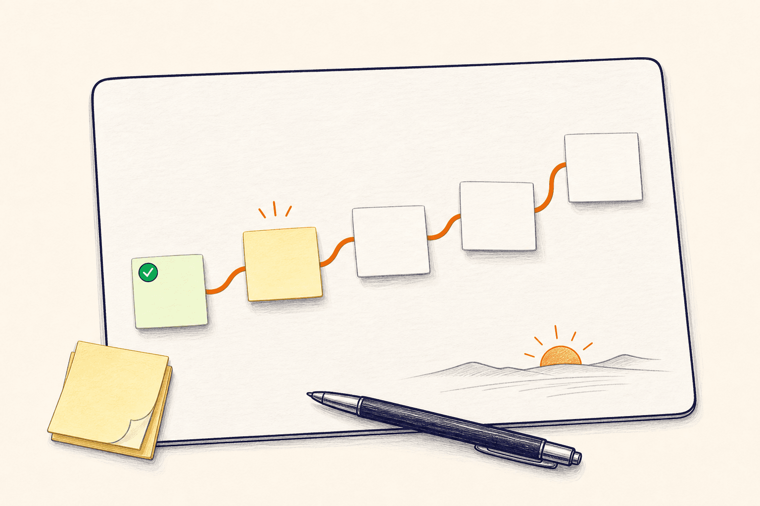 A hand-drawn daily planning board with five blank task notes connected by an orange route