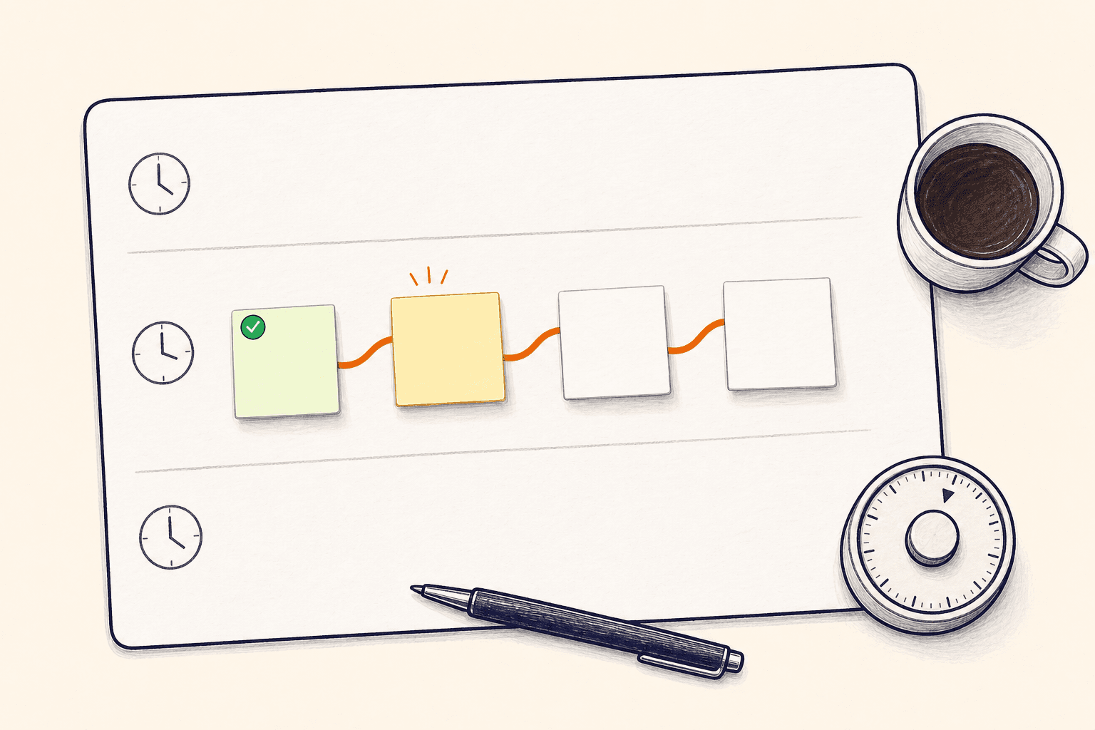 A paper time blocking planner with one highlighted route of blank task notes and a simple timer