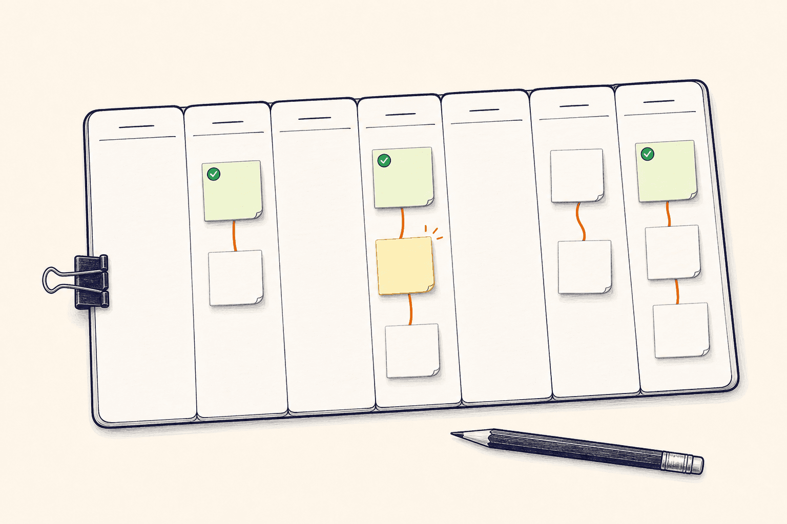 A hand-drawn seven-day planner with short task routes across selected days