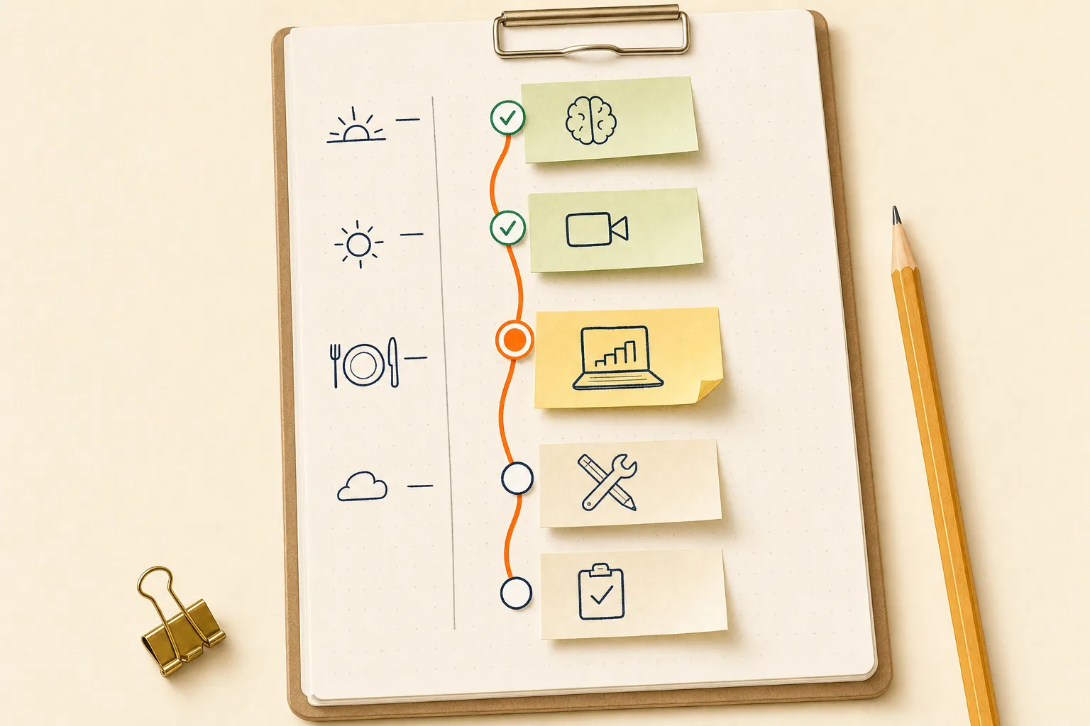 A five-step focused workday arranged vertically on a paper planner