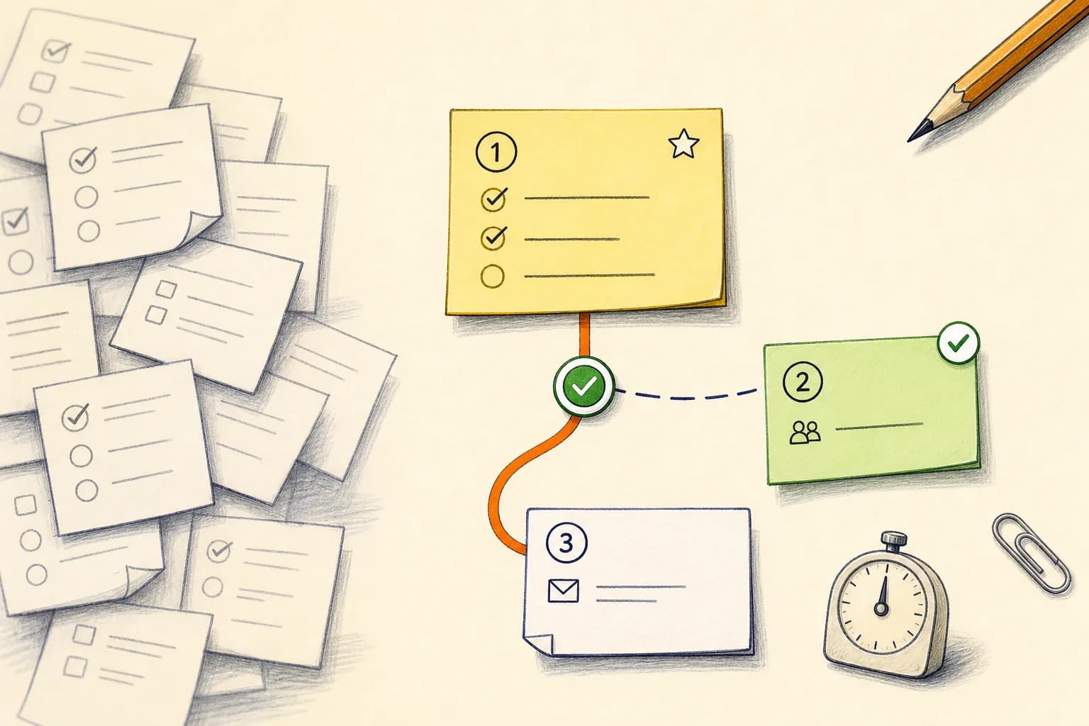 A clear three-step route beside a fading pile of competing checklists