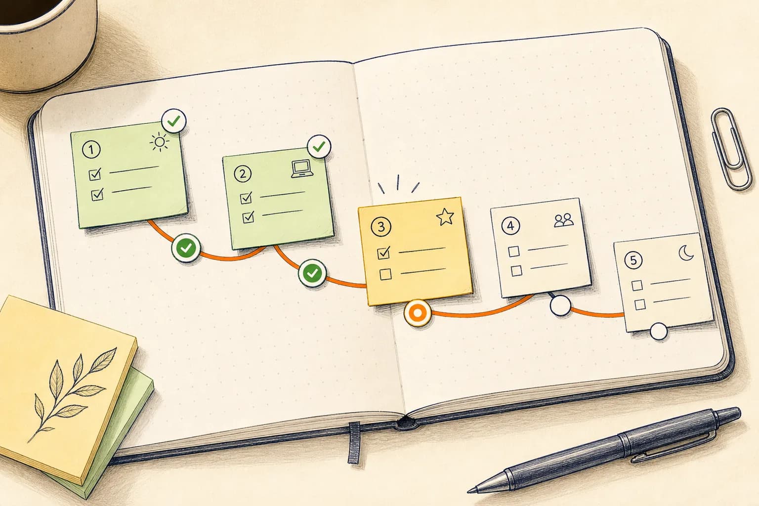 A hand-drawn daily planner with five sticky-note steps connected by an orange route