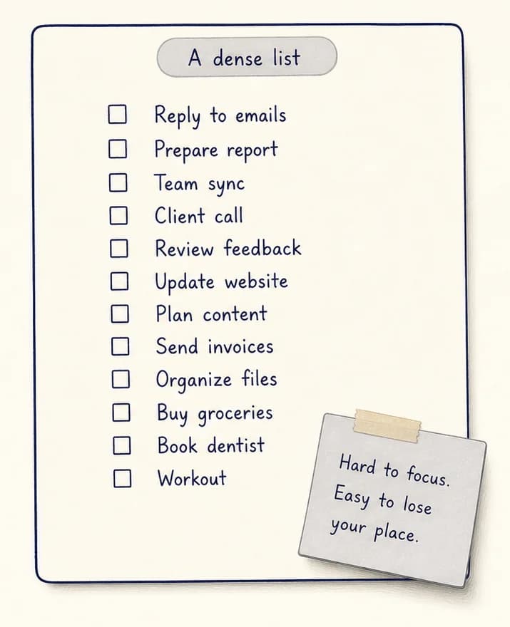 A dense checklist with many competing tasks and a note explaining that it is hard to focus