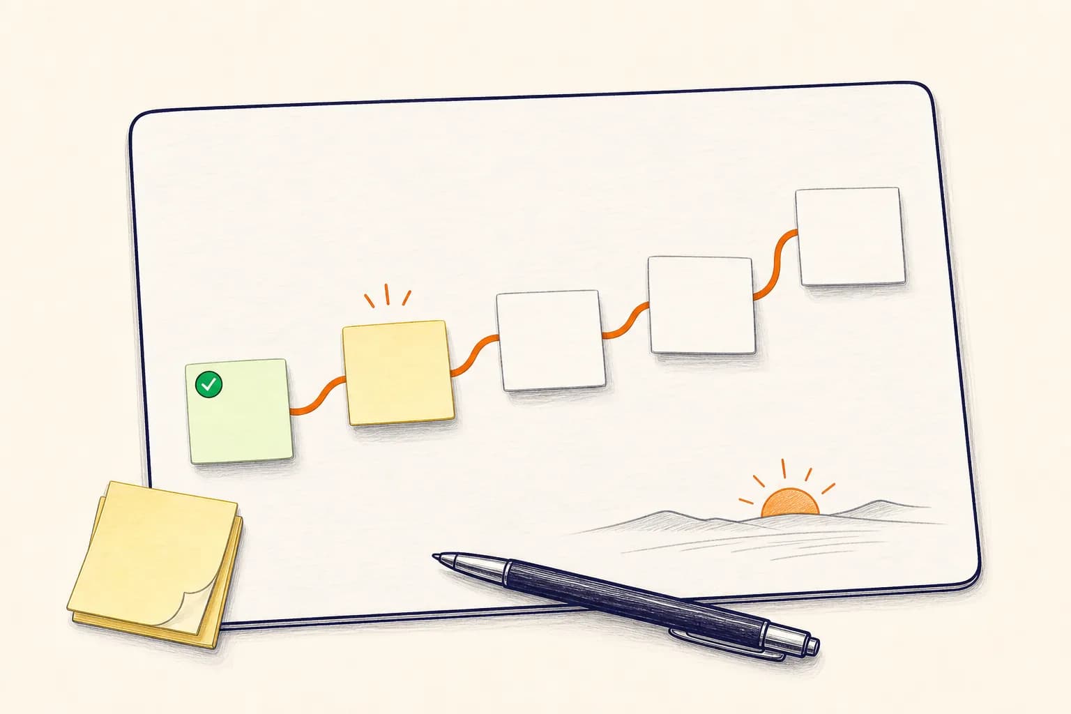 A hand-drawn organization board with blank task notes connected into one orange route