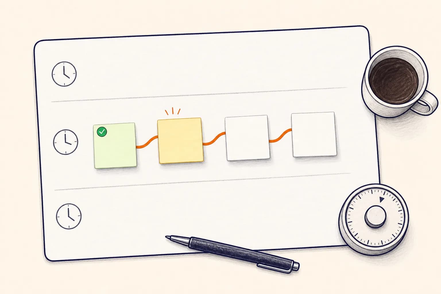 A hand-drawn focus-session planner with blank task notes connected inside one time block