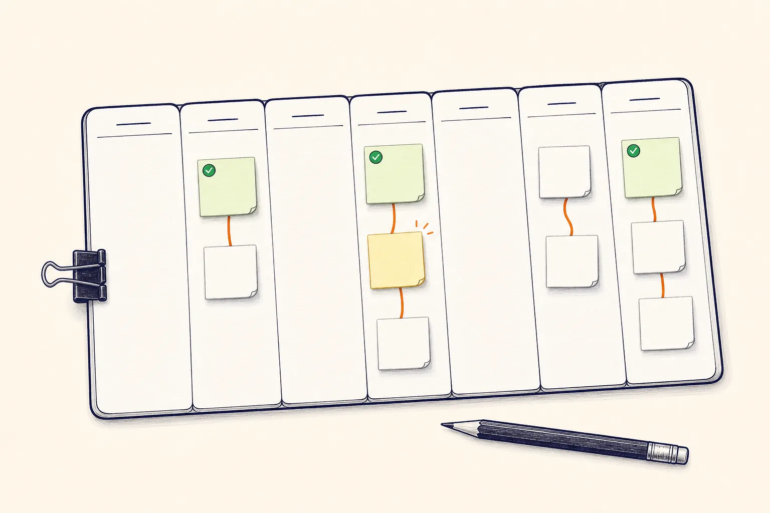 A hand-drawn seven-day planner with short task routes across selected days